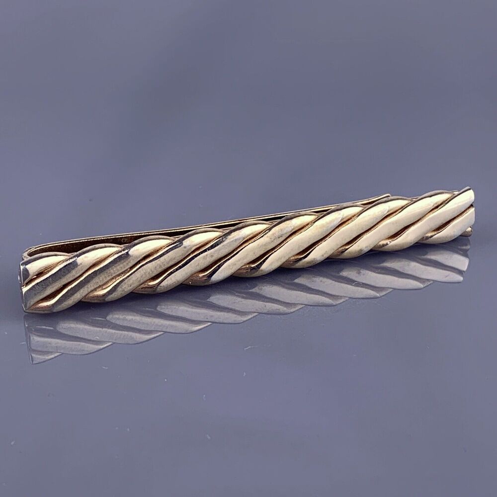 Twisted Rope Flat Chain Tie Clip Bar Gold Tone Cord Mid Century Wide Vintage